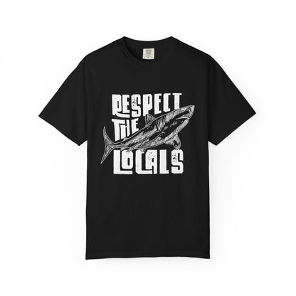 Black t-shirt with a shark graphic and 'Respect the Locals' text on a white background