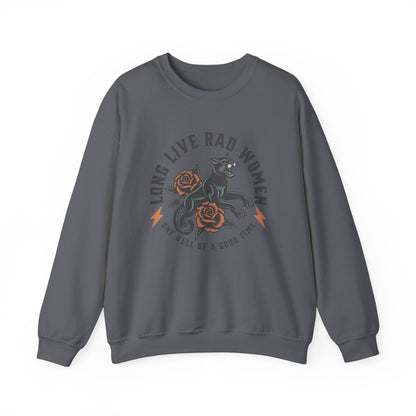 Rad women sweatshirt with vintage panther and floral tattoo design. Bold graphic pullover for cool girls and rebel hearts. Feminist crewneck with retro panther style. Empowered women top perfect for casual, everyday, and statement looks.