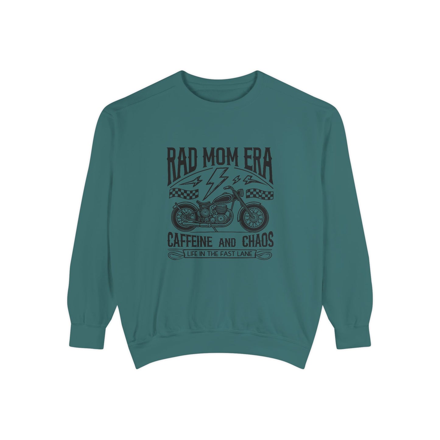 Rad mom graphic tee featuring a vintage motorcycle design with bold text. Perfect for edgy mom style, this trendy mom sweatshirt embodies caffeine chaos vibes and retro mom life. Great for biker moms or stylish moms seeking a casual yet bold look.