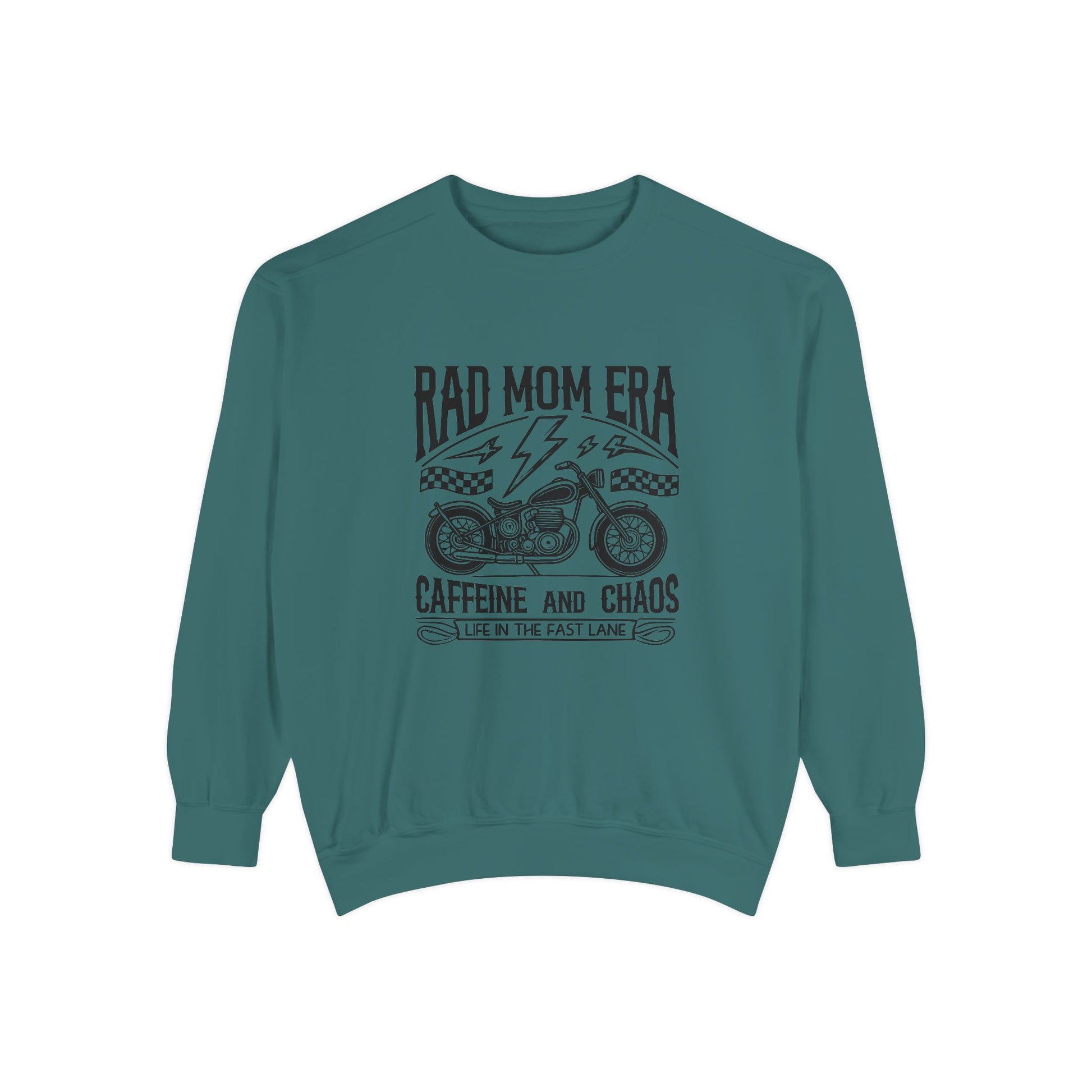 Rad mom graphic tee featuring a vintage motorcycle design with bold text. Perfect for edgy mom style, this trendy mom sweatshirt embodies caffeine chaos vibes and retro mom life. Great for biker moms or stylish moms seeking a casual yet bold look.