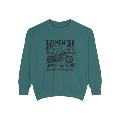 Rad mom graphic tee featuring a vintage motorcycle design with bold text. Perfect for edgy mom style, this trendy mom sweatshirt embodies caffeine chaos vibes and retro mom life. Great for biker moms or stylish moms seeking a casual yet bold look.