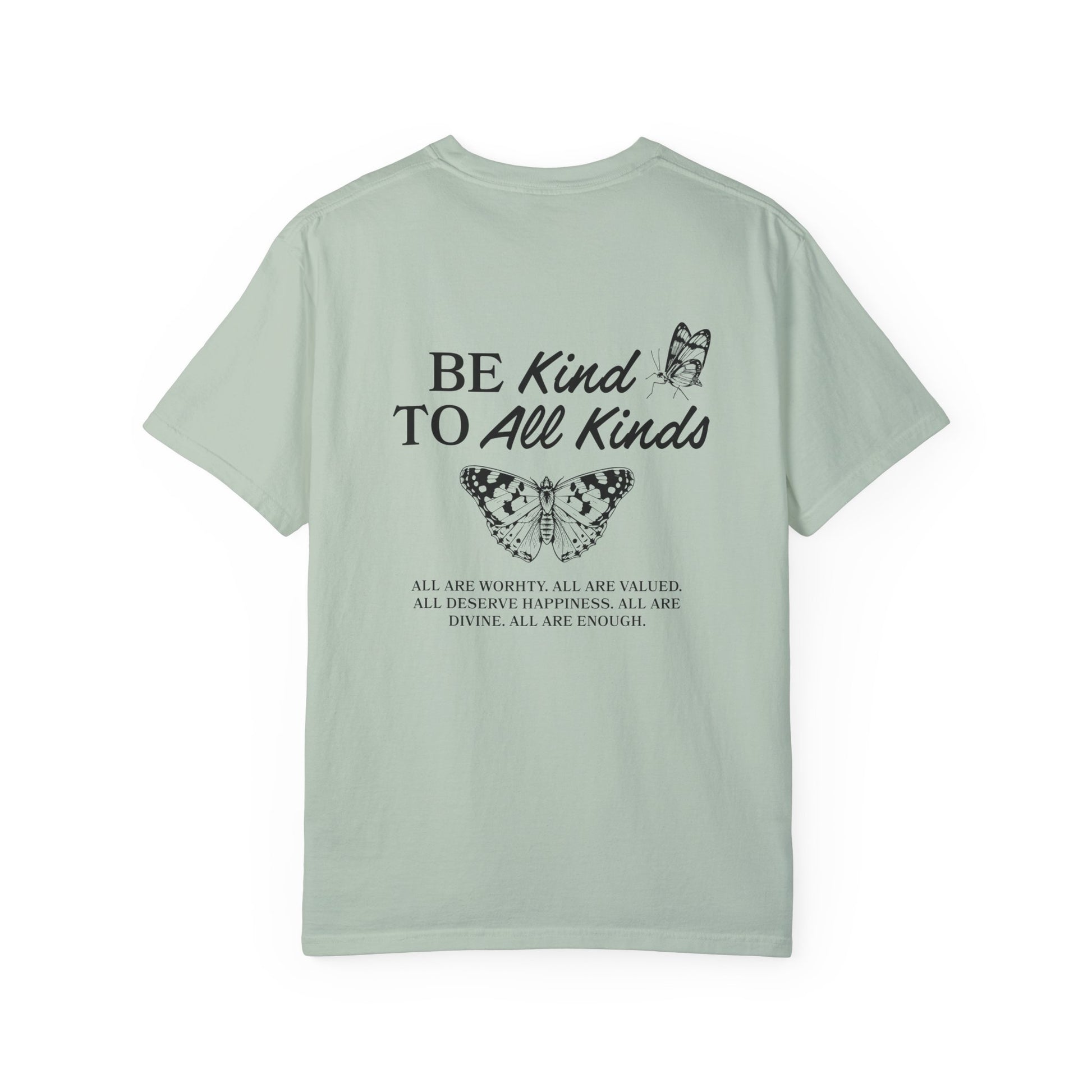 Be Kind Graphic Tee with butterfly design and uplifting message. Kindness Quote Tee made from soft cotton, perfect for casual wear. This Be Kind To All Tee spreads positivity and features an inspiring quote, great as a motivational shirt for daily style.