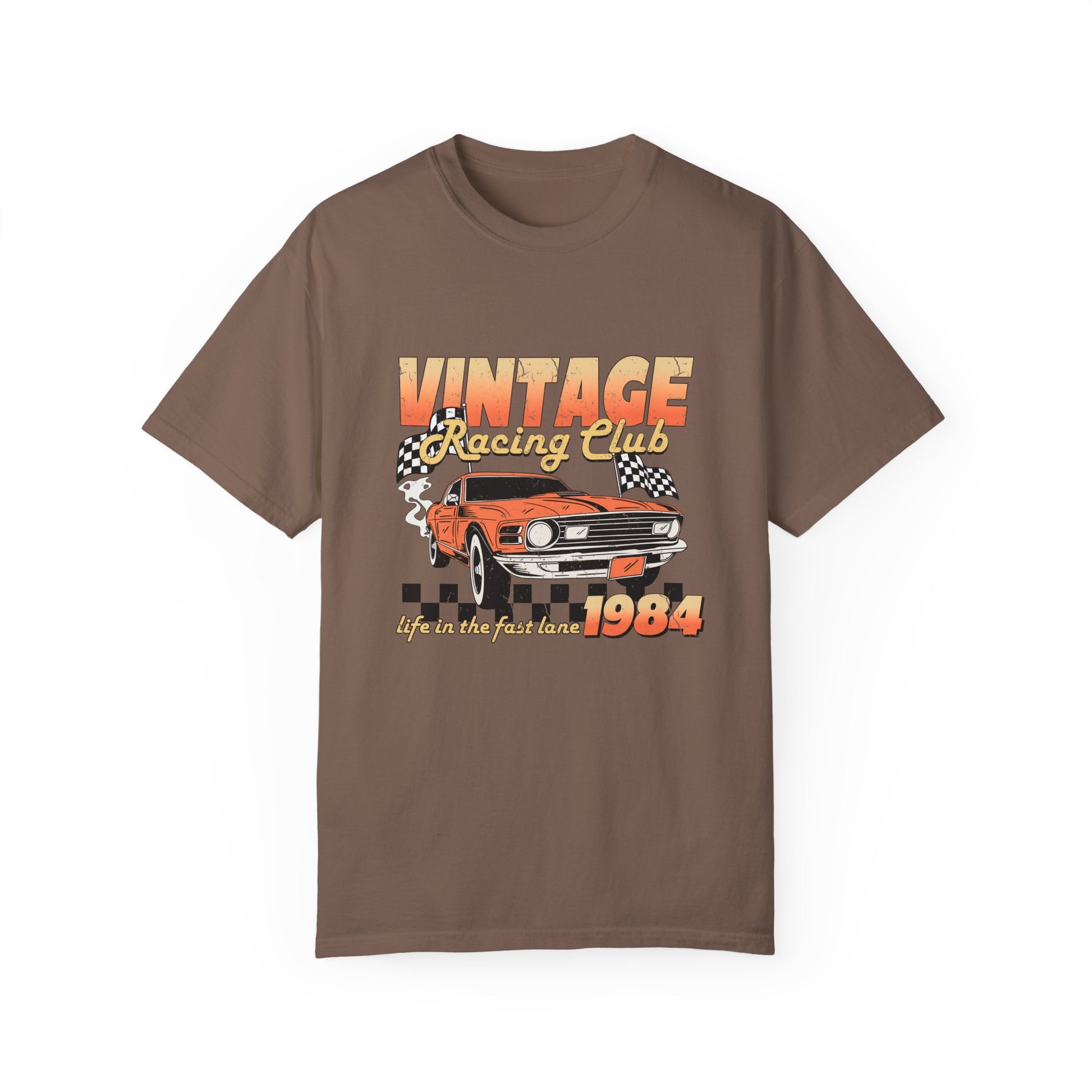 Retro racing T-shirt featuring a bold 1984 vintage design with distressed car graphics. Perfect nostalgic car shirt for muscle car lovers, featuring checkered flag details. Ideal for fans of old school racing and fast lane graphic tees.