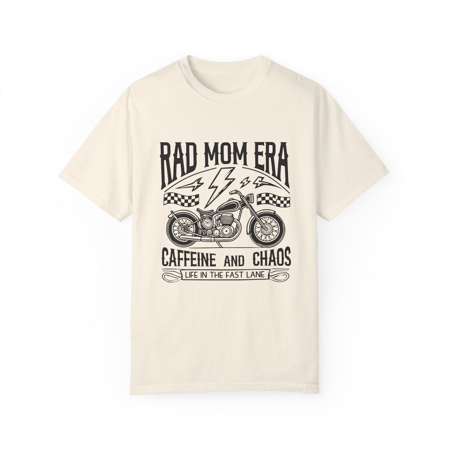 Rad mom graphic tee with a vintage motorcycle design. Caffeine and chaos slogan for stylish moms. Cool mom aesthetic with a rebellious vibe. Perfect mom life graphic tee for trendy outfits. Life in the fast lane moto shirt for everyday adventures.