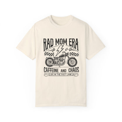 Rad mom graphic tee with a vintage motorcycle design. Caffeine and chaos slogan for stylish moms. Cool mom aesthetic with a rebellious vibe. Perfect mom life graphic tee for trendy outfits. Life in the fast lane moto shirt for everyday adventures.
