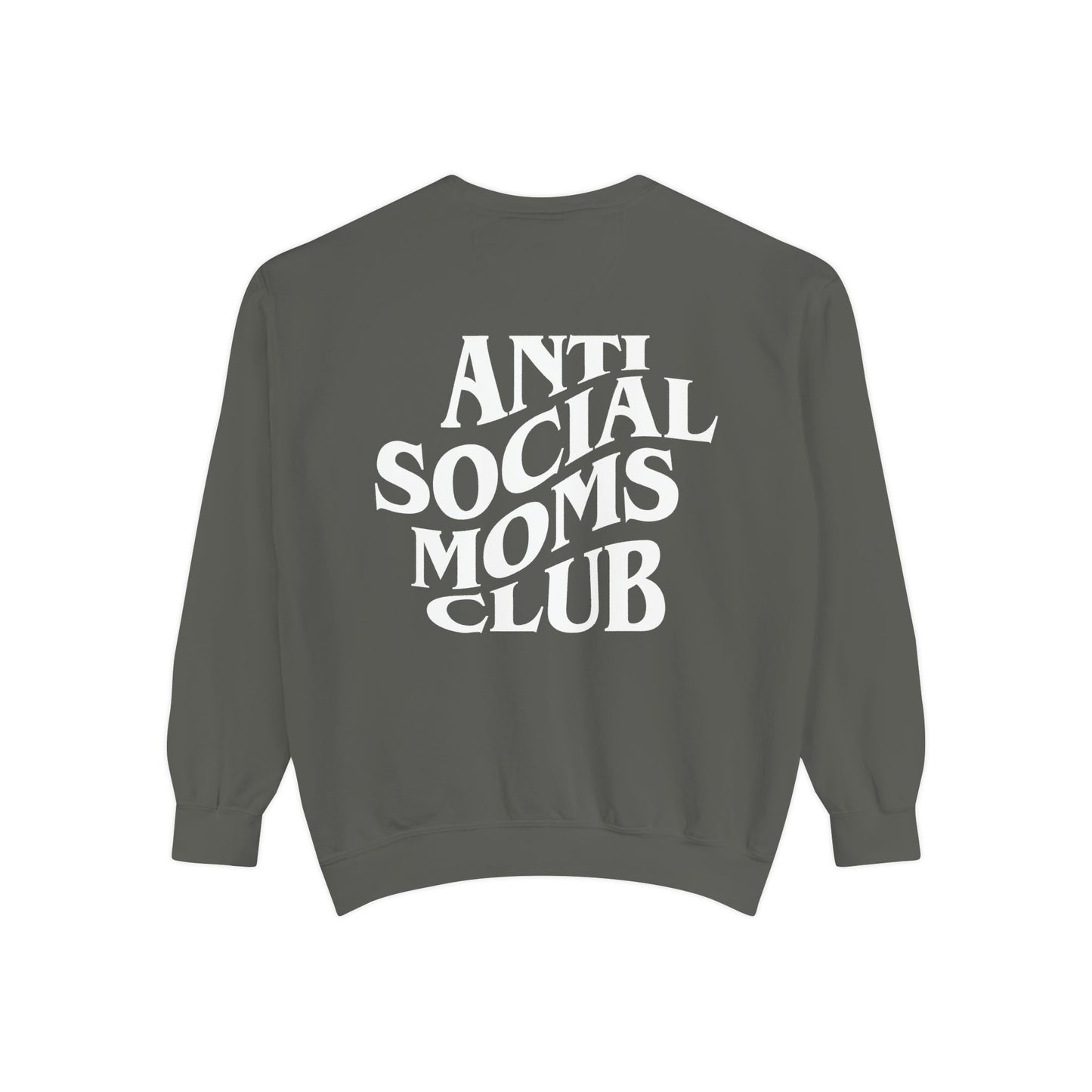 Anti Social Moms Club sweatshirt with bold graphic text on the back. Perfect funny mom sweatshirt or vintage mom pullover for casual wear. Stylish, oversized fit for a comfy mom sweatshirt, ideal gift for moms who love humor and relaxed style.
