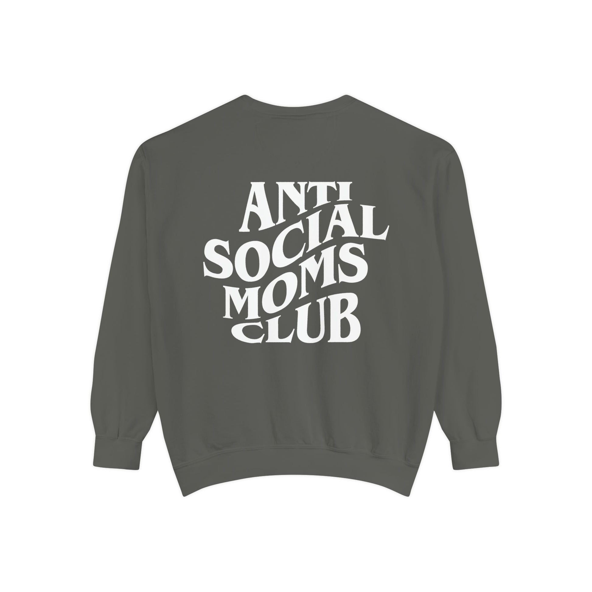 Anti Social Moms Club sweatshirt with bold graphic text on the back. Perfect funny mom sweatshirt or vintage mom pullover for casual wear. Stylish, oversized fit for a comfy mom sweatshirt, ideal gift for moms who love humor and relaxed style.