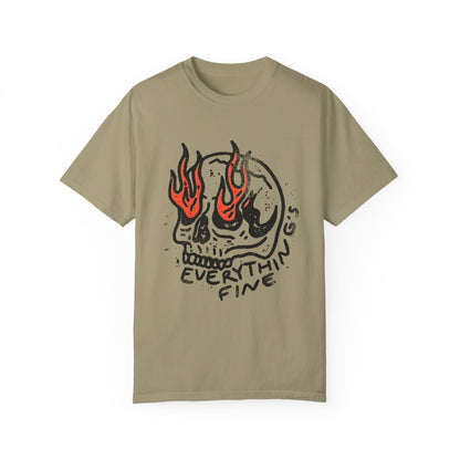 Distressed Skull Graphic T-Shirt with flames and bold grunge design. Oversized fit offers comfort and vintage-inspired edge for casual or streetwear outfits. 