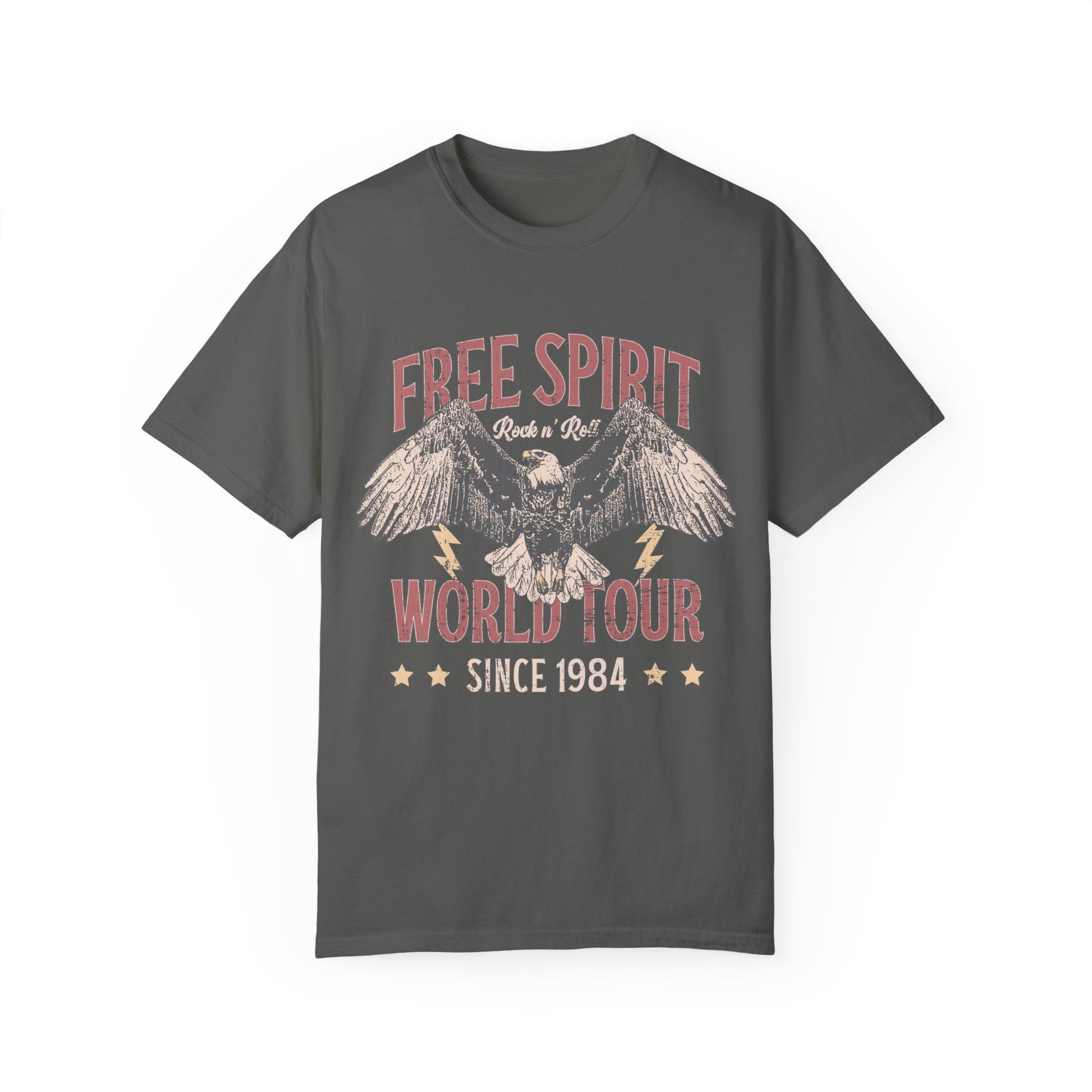 Vintage tour shirt with eagle graphic, distressed details, and 1984 band tour text, perfect for lovers of retro graphic tees, rock and roll shirts, and oversized styles. Casual vintage tee with bold lightning bolt accents.