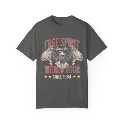 Vintage tour shirt with eagle graphic, distressed details, and 1984 band tour text, perfect for lovers of retro graphic tees, rock and roll shirts, and oversized styles. Casual vintage tee with bold lightning bolt accents.