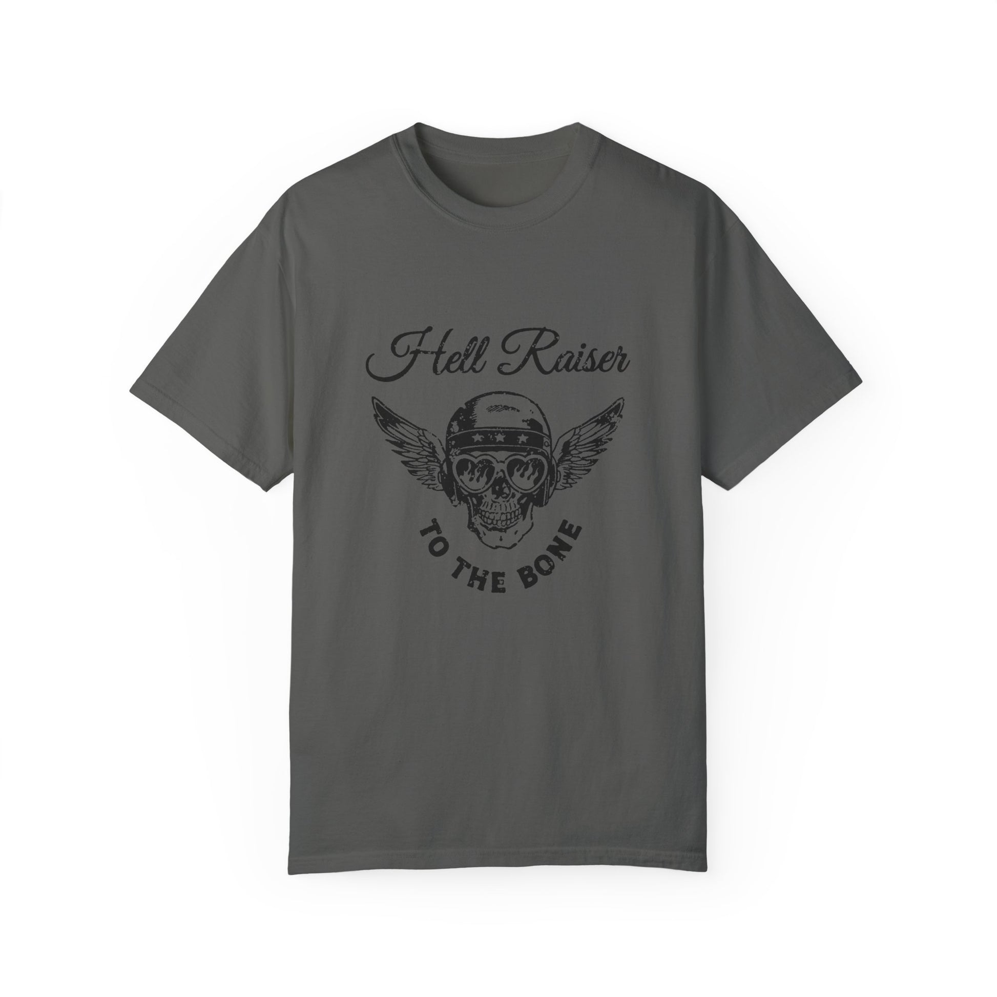 Graphic tee featuring a vintage-inspired winged skull and helmet design. Perfect for fans of retro biker style, rebel looks, and distressed rocker shirts. A badass, edgy option for casual wear with a unique skull and wings design.