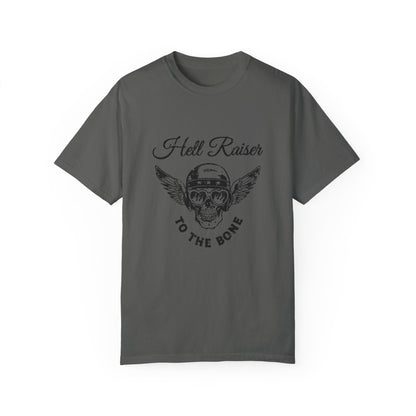 Graphic tee featuring a vintage-inspired winged skull and helmet design. Perfect for fans of retro biker style, rebel looks, and distressed rocker shirts. A badass, edgy option for casual wear with a unique skull and wings design.