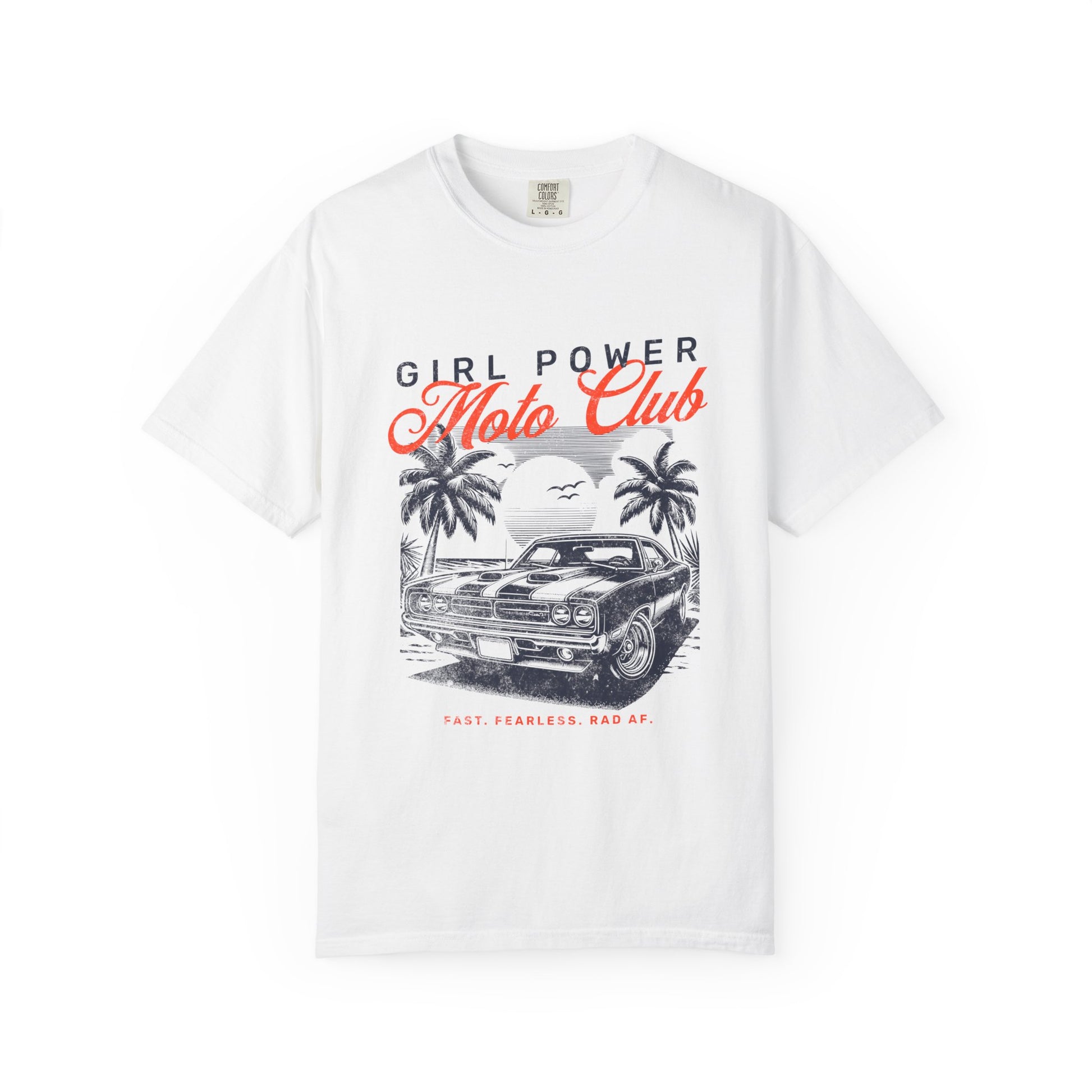 White t-shirt with 'Girl Power Moto Club' graphic design featuring a car and palm trees on a white background.