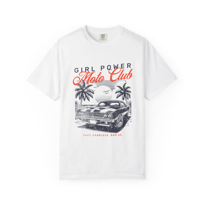 White t-shirt with 'Girl Power Moto Club' graphic design featuring a car and palm trees on a white background.