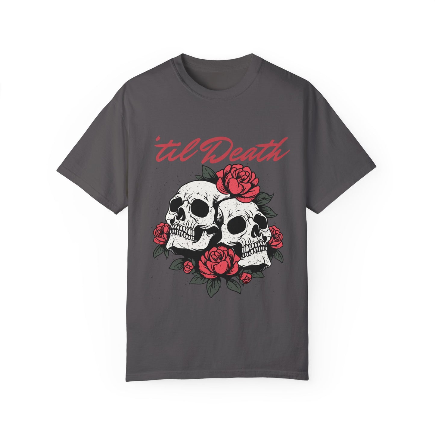 Graphic tee featuring a bold skull and roses design with vintage-inspired details. Perfect for fans of retro skeleton shirts, romantic gothic skull tees, or punk skull rose graphics. A unique aesthetic tattoo skull tee for edgy and dark romance lovers.