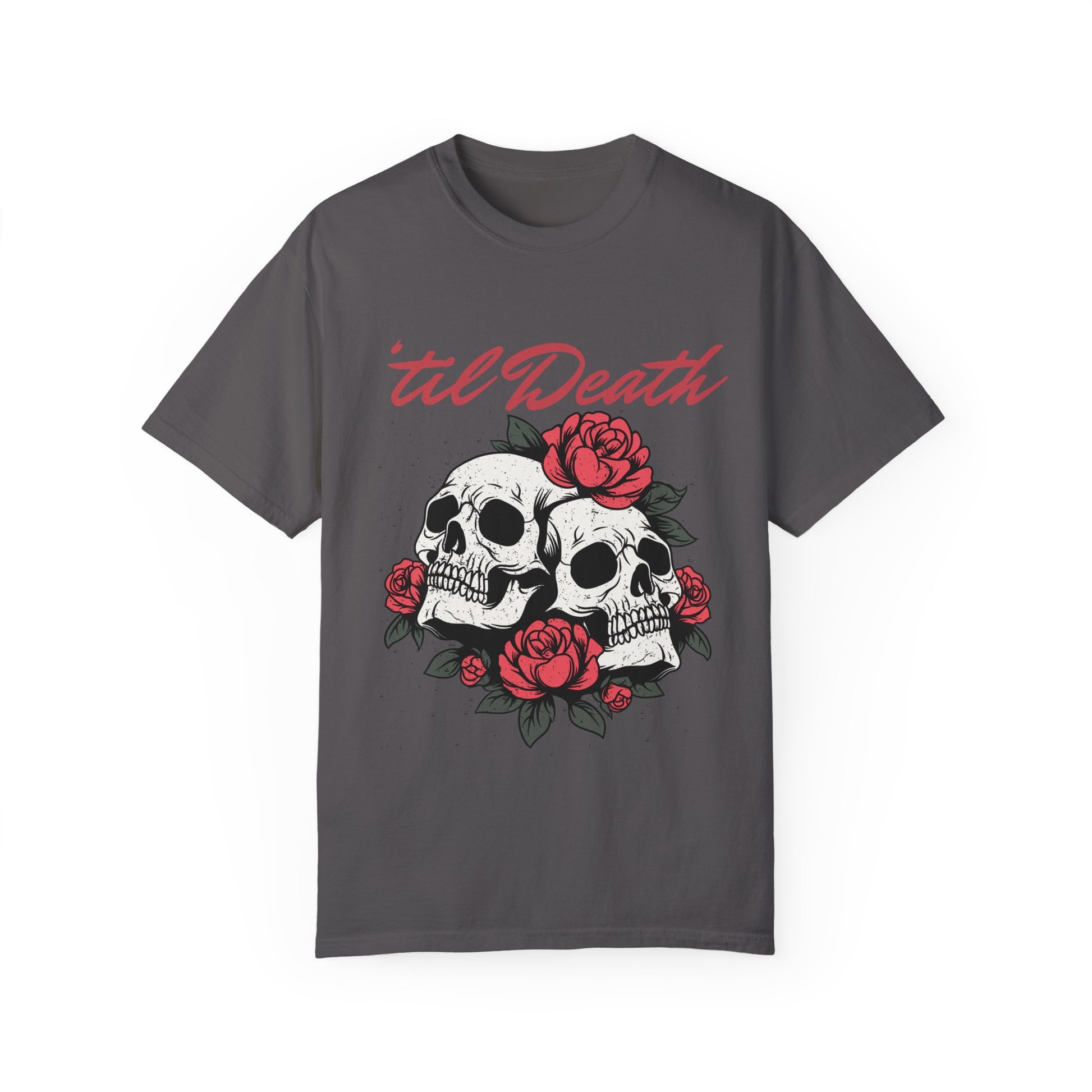 Graphic tee featuring a bold skull and roses design with vintage-inspired details. Perfect for fans of retro skeleton shirts, romantic gothic skull tees, or punk skull rose graphics. A unique aesthetic tattoo skull tee for edgy and dark romance lovers.