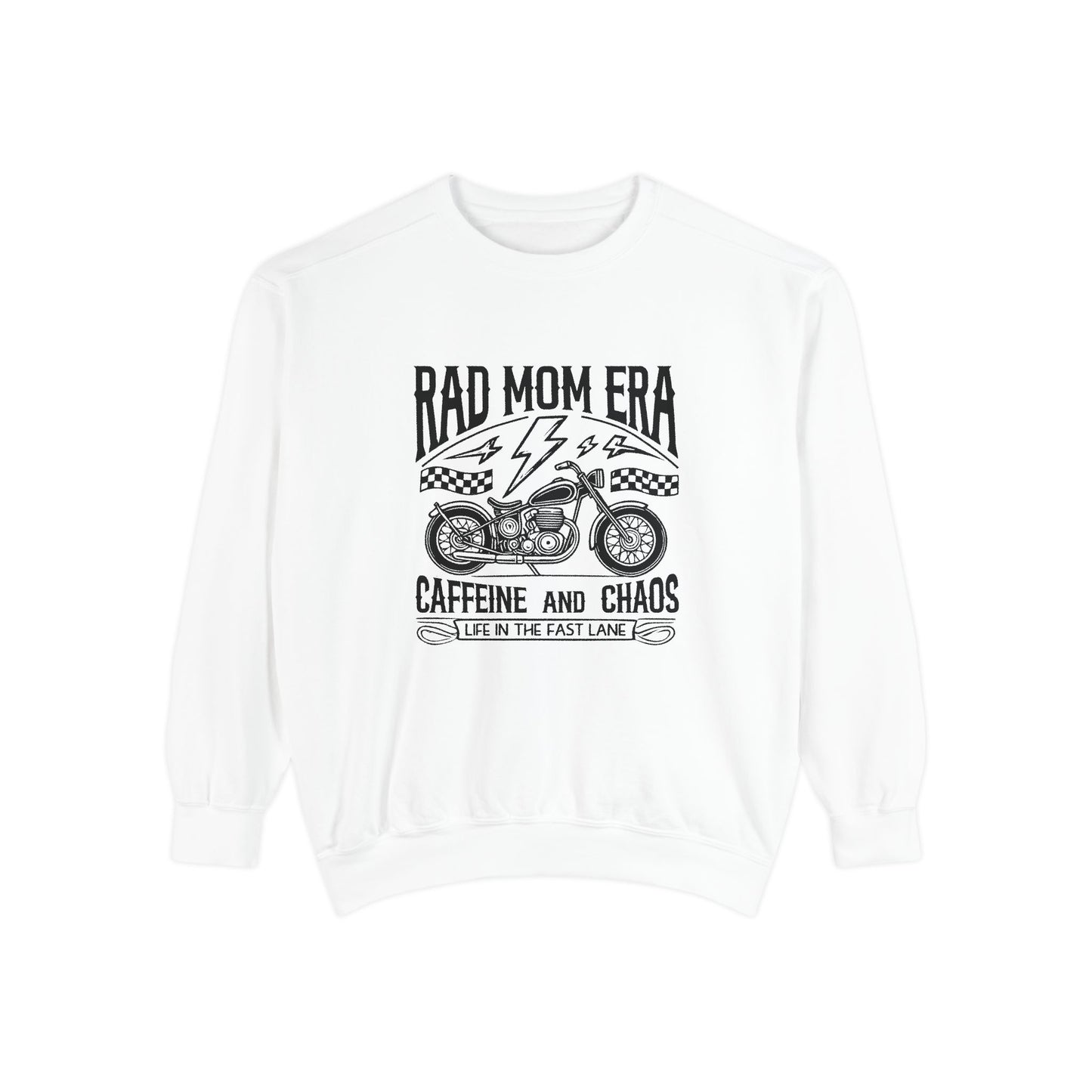 Rad mom graphic tee featuring a vintage motorcycle design with bold text. Perfect for edgy mom style, this trendy mom sweatshirt embodies caffeine chaos vibes and retro mom life. Great for biker moms or stylish moms seeking a casual yet bold look.