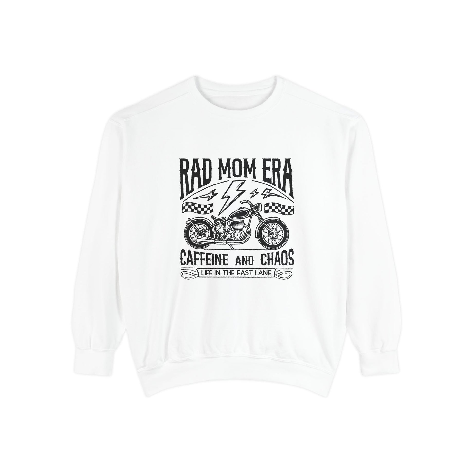 Rad mom graphic tee featuring a vintage motorcycle design with bold text. Perfect for edgy mom style, this trendy mom sweatshirt embodies caffeine chaos vibes and retro mom life. Great for biker moms or stylish moms seeking a casual yet bold look.