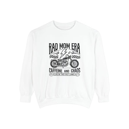 Rad mom graphic tee featuring a vintage motorcycle design with bold text. Perfect for edgy mom style, this trendy mom sweatshirt embodies caffeine chaos vibes and retro mom life. Great for biker moms or stylish moms seeking a casual yet bold look.