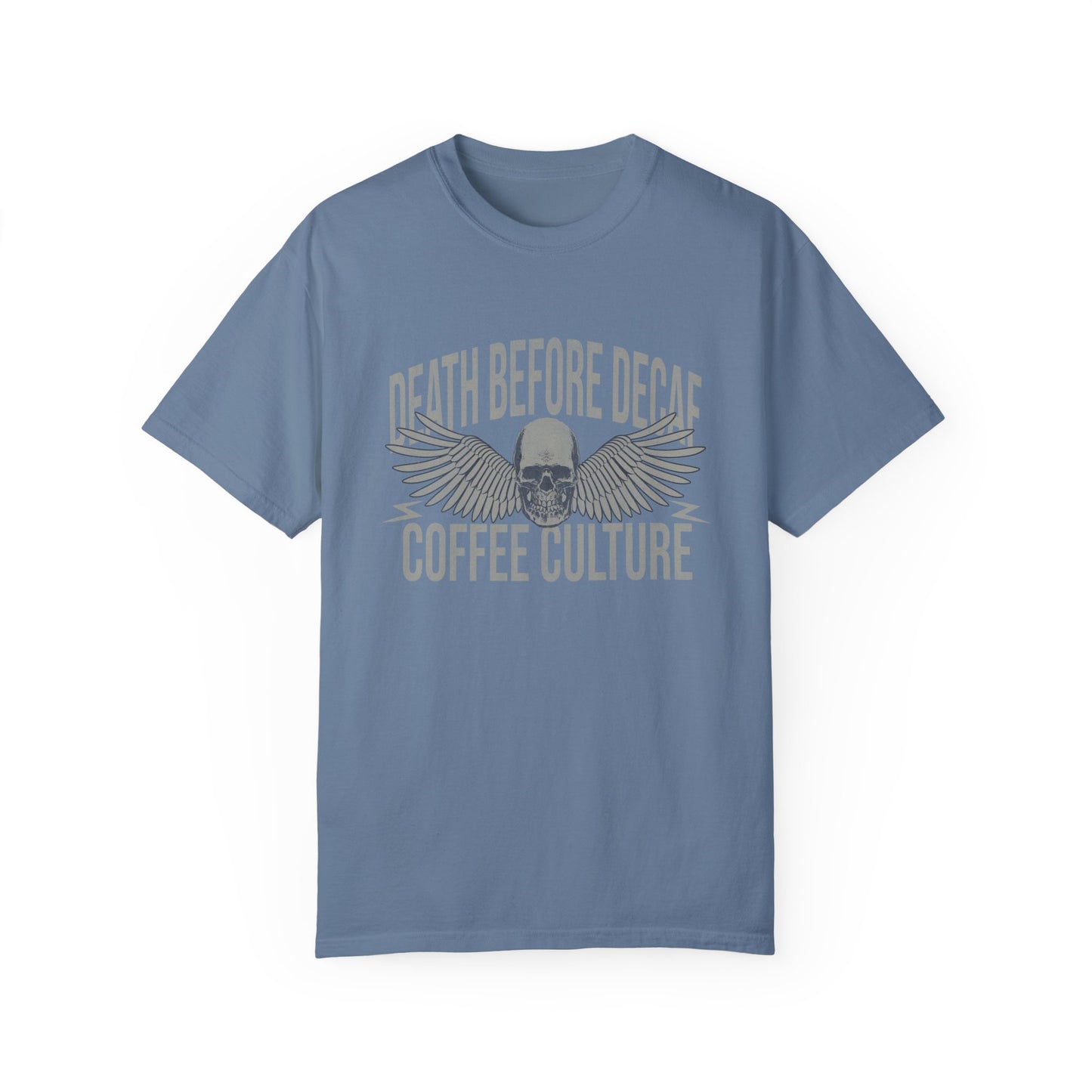 T-shirt with bold Death Before Decaf design featuring a skull and wings. Perfect for coffee lovers who prefer strong brews. This edgy coffee skull shirt makes a great caffeine addict tee or anti decaf shirt. Fits unisex style and works as a vintage coffee tee, goth coffee shirt, or strong coffee shirt. Ideal for casual wear, gifting, or making a bold coffee culture statement. Funny coffee shirt with attitude.