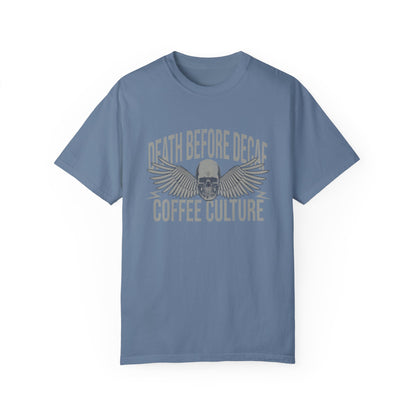 T-shirt with bold Death Before Decaf design featuring a skull and wings. Perfect for coffee lovers who prefer strong brews. This edgy coffee skull shirt makes a great caffeine addict tee or anti decaf shirt. Fits unisex style and works as a vintage coffee tee, goth coffee shirt, or strong coffee shirt. Ideal for casual wear, gifting, or making a bold coffee culture statement. Funny coffee shirt with attitude.