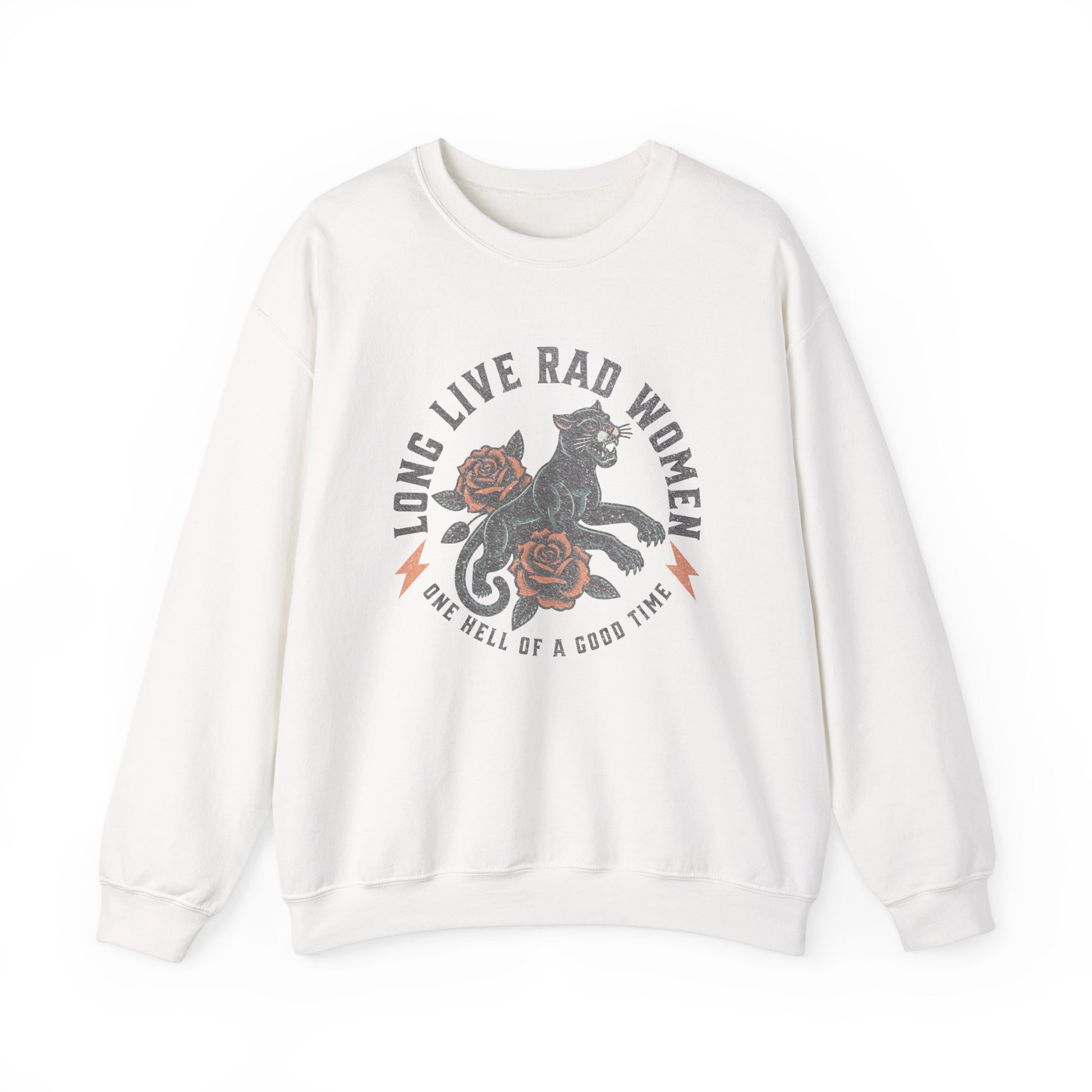 Rad women sweatshirt with vintage panther and floral tattoo design. Bold graphic pullover for cool girls and rebel hearts. Feminist crewneck with retro panther style. Empowered women top perfect for casual, everyday, and statement looks.