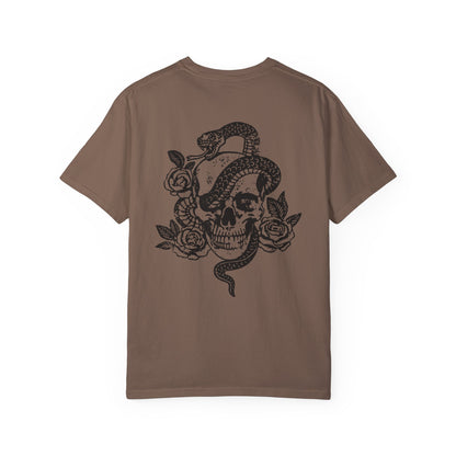 Snake skull shirt with a bold skull, rose, and snake design, blending edgy and gothic vibes. This dark graphic tee is ideal for fans of retro snake shirts, witchy skeleton tees, or unique rose t-shirts seeking a vintage gothic aesthetic for everyday wear.