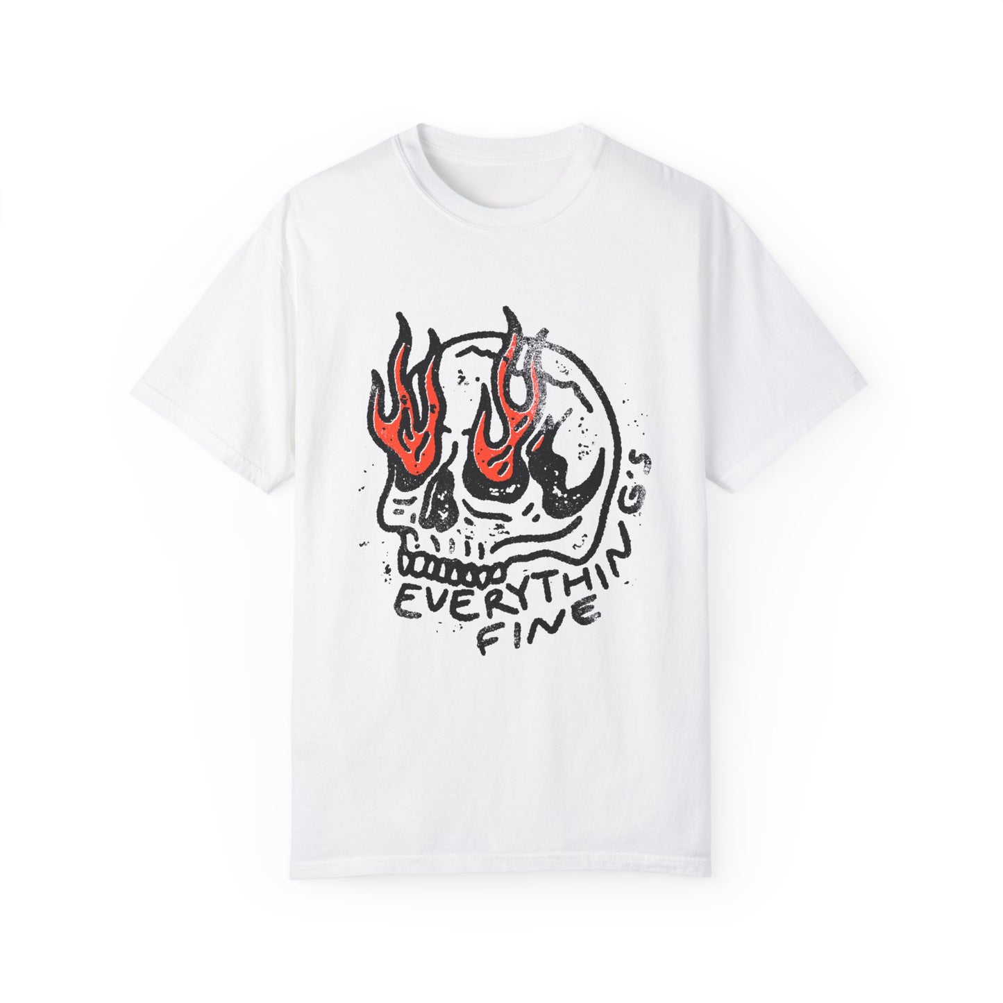 Distressed Skull Graphic T-Shirt with flames and bold grunge design. Oversized fit offers comfort and vintage-inspired edge for casual or streetwear outfits. 