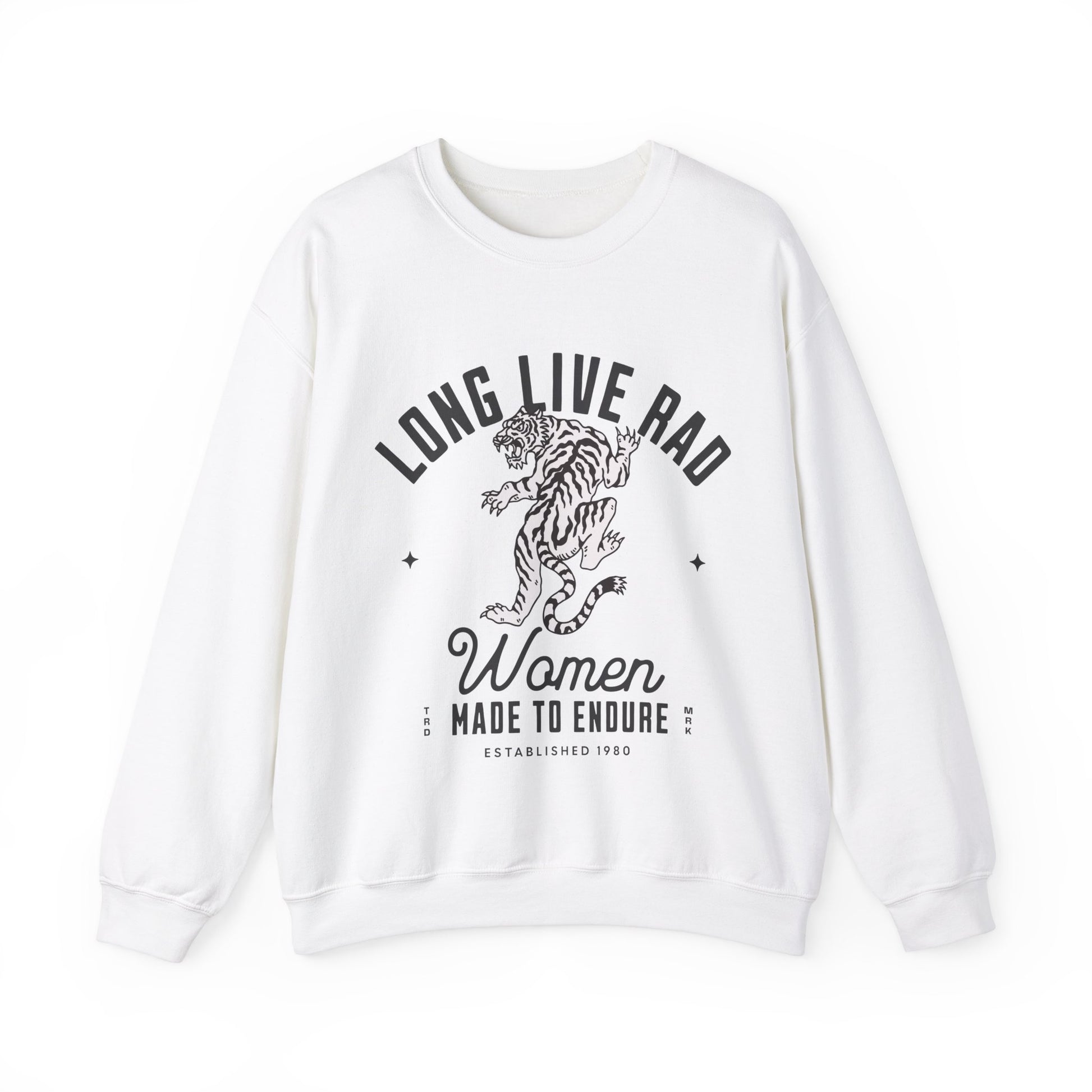 Rad Women Sweatshirt with tiger graphic. 90s aesthetic crew with vintage style. Edgy women’s crew with Western rock vibes. Distressed rock crew for a bold look. Badass women crew with rebel energy. Retro tiger crew, perfect for everyday wear and layering.
