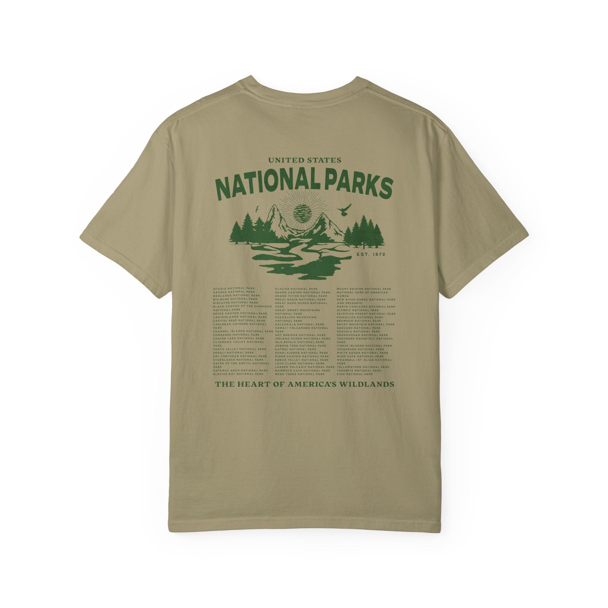 Khaki t-shirt with green 'National Parks' graphic on a white background