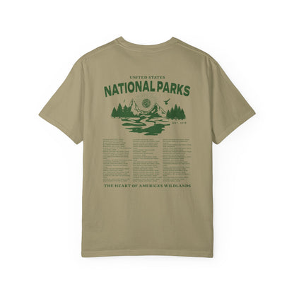 Khaki t-shirt with green 'National Parks' graphic on a white background