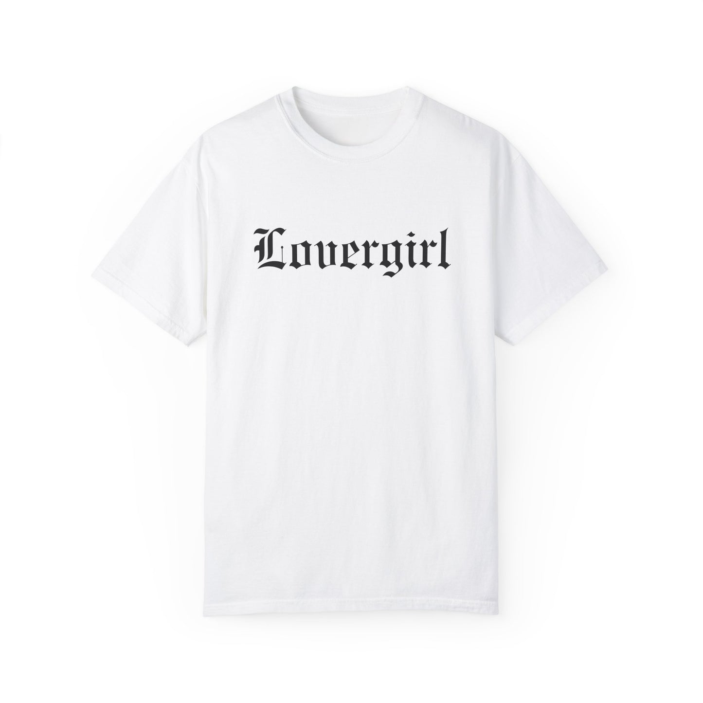 Vintage lovergirl tee in black with old English text font. Oversized casual fit perfect as a retro aesthetic shirt or edgy women’s graphic tee. Soft cotton black tee for everyday wear, combining minimalist style with trendy retro t-shirt vibes.