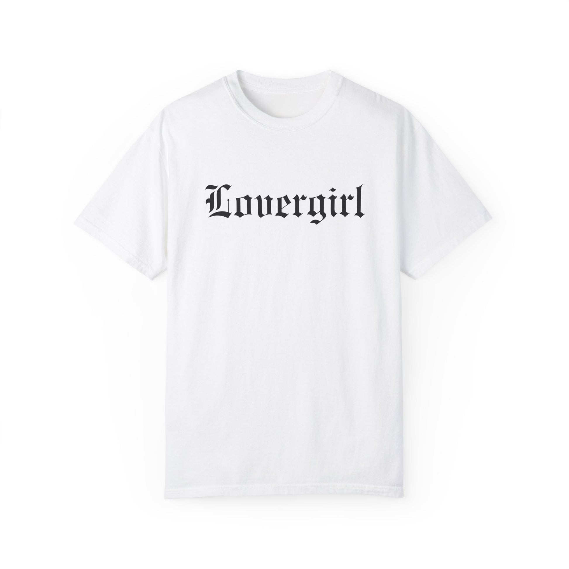 Vintage lovergirl tee in black with old English text font. Oversized casual fit perfect as a retro aesthetic shirt or edgy women’s graphic tee. Soft cotton black tee for everyday wear, combining minimalist style with trendy retro t-shirt vibes.
