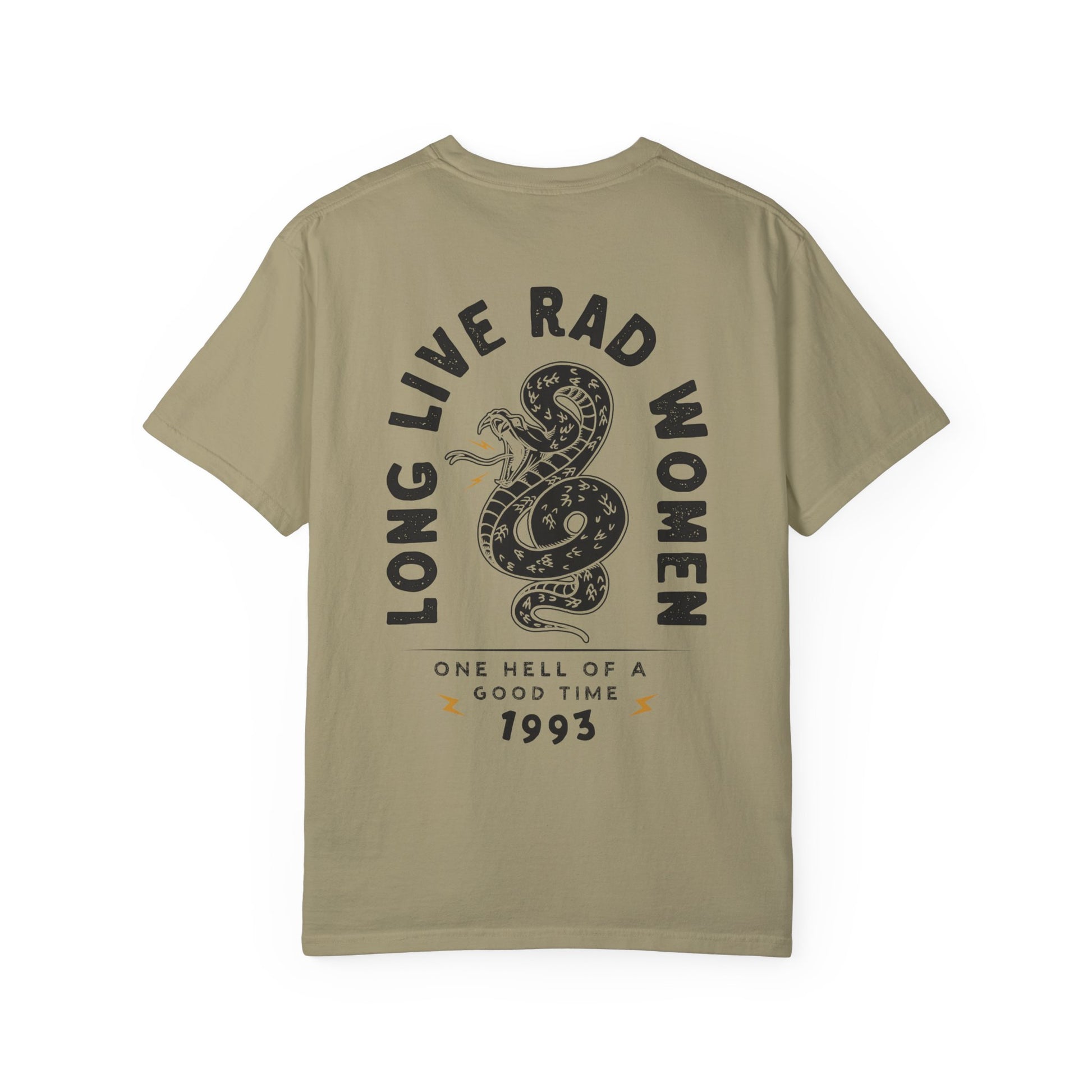 Long Live Rad Women retro snake tee, vintage cotton shirt with relaxed fit, feminist graphic tee, statement graphic tee, snake design tee, lightweight casual cotton tee, bold feminist shirt, 90s style t-shirt, graphic women tee for everyday wear.