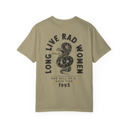 Long Live Rad Women retro snake tee, vintage cotton shirt with relaxed fit, feminist graphic tee, statement graphic tee, snake design tee, lightweight casual cotton tee, bold feminist shirt, 90s style t-shirt, graphic women tee for everyday wear.