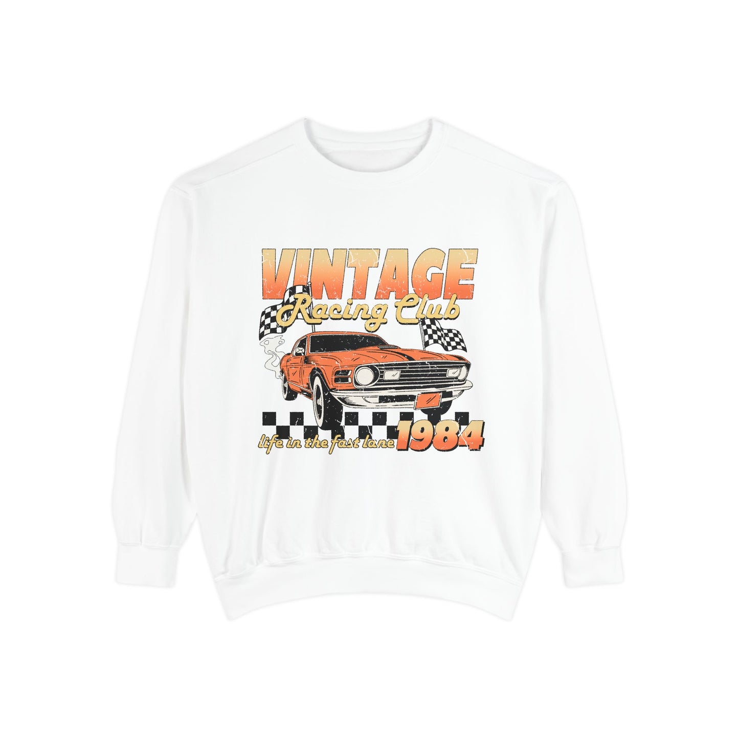 Retro car club shirt with vintage 1984 race car graphic, distressed design, and checkered flag accents. Perfect for muscle car lovers and fans of classic racing. Available as a crewneck sweatshirt in multiple colors.