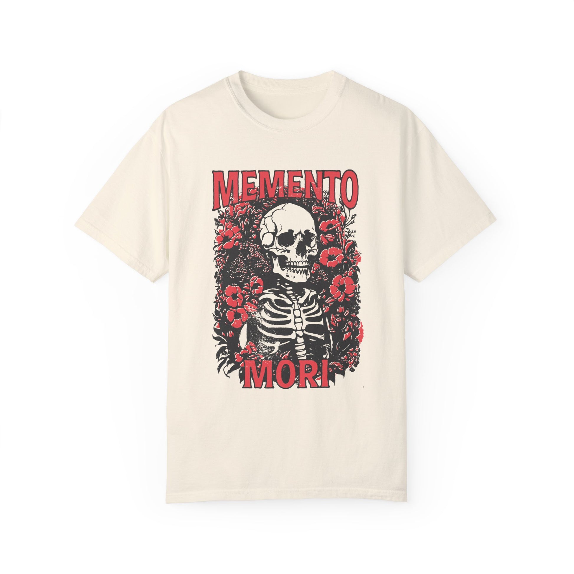 Graphic tee featuring a detailed skull design surrounded by floral elements, perfect for fans of vintage skeleton tees, gothic skull shirts, and retro goth style. A trendy death-themed shirt combining dark floral and skeleton art for casual or streetwear looks.