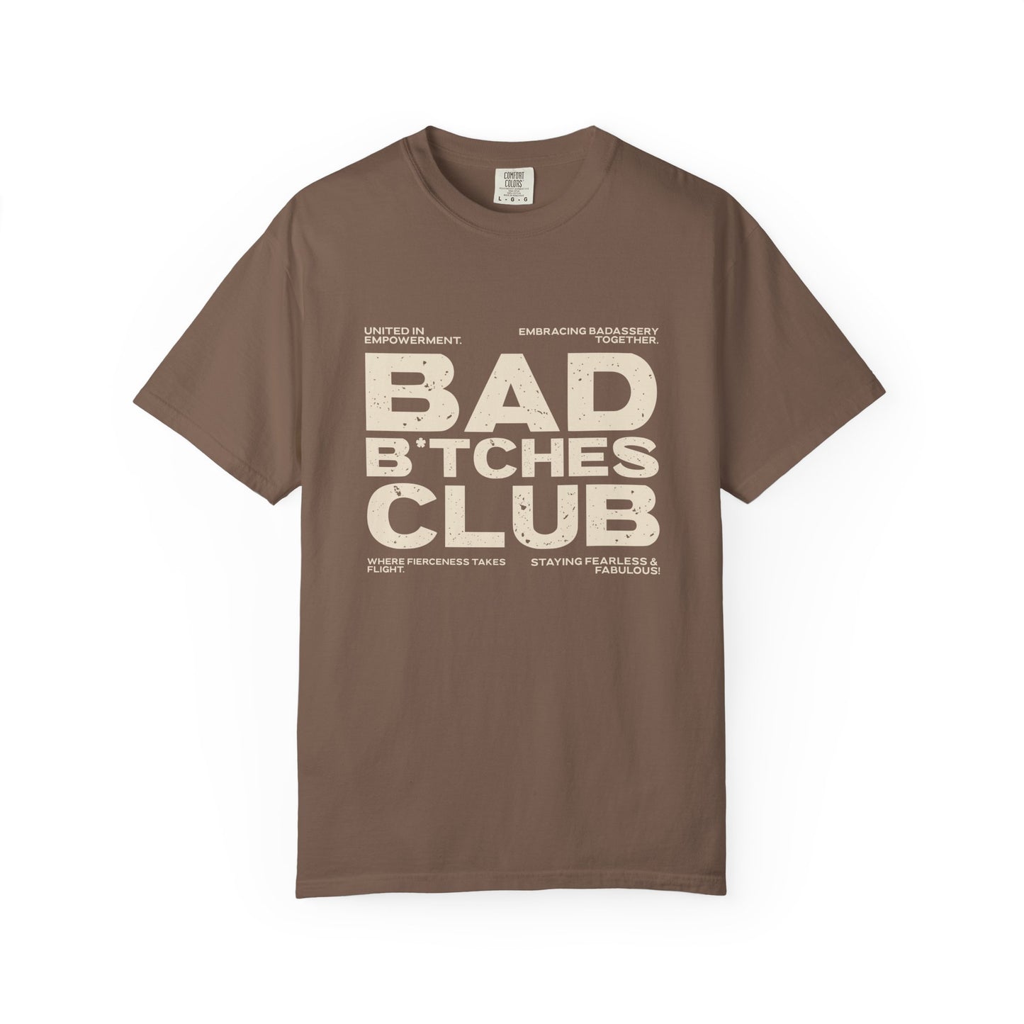 Brown t-shirt with white text on a white background