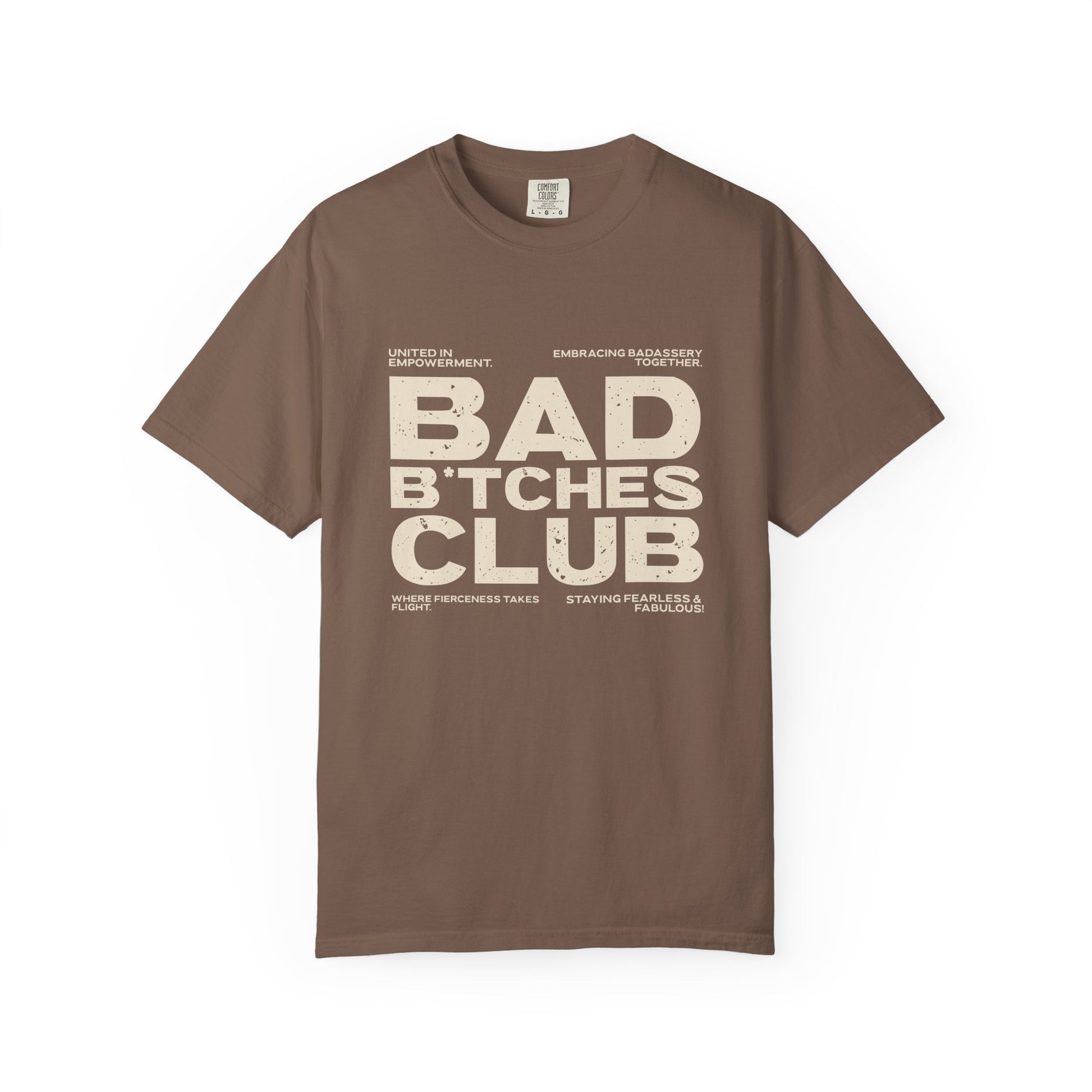 Brown t-shirt with white text on a white background