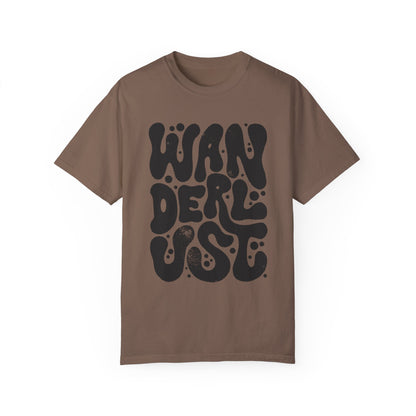 Retro Wanderlust Tee with bold psychedelic font, perfect for travel lovers, free spirits, and adventure seekers. Vintage-inspired graphic t-shirt with groovy lettering and minimalist aesthetic. Oversized fit for a laid-back, casual style. 