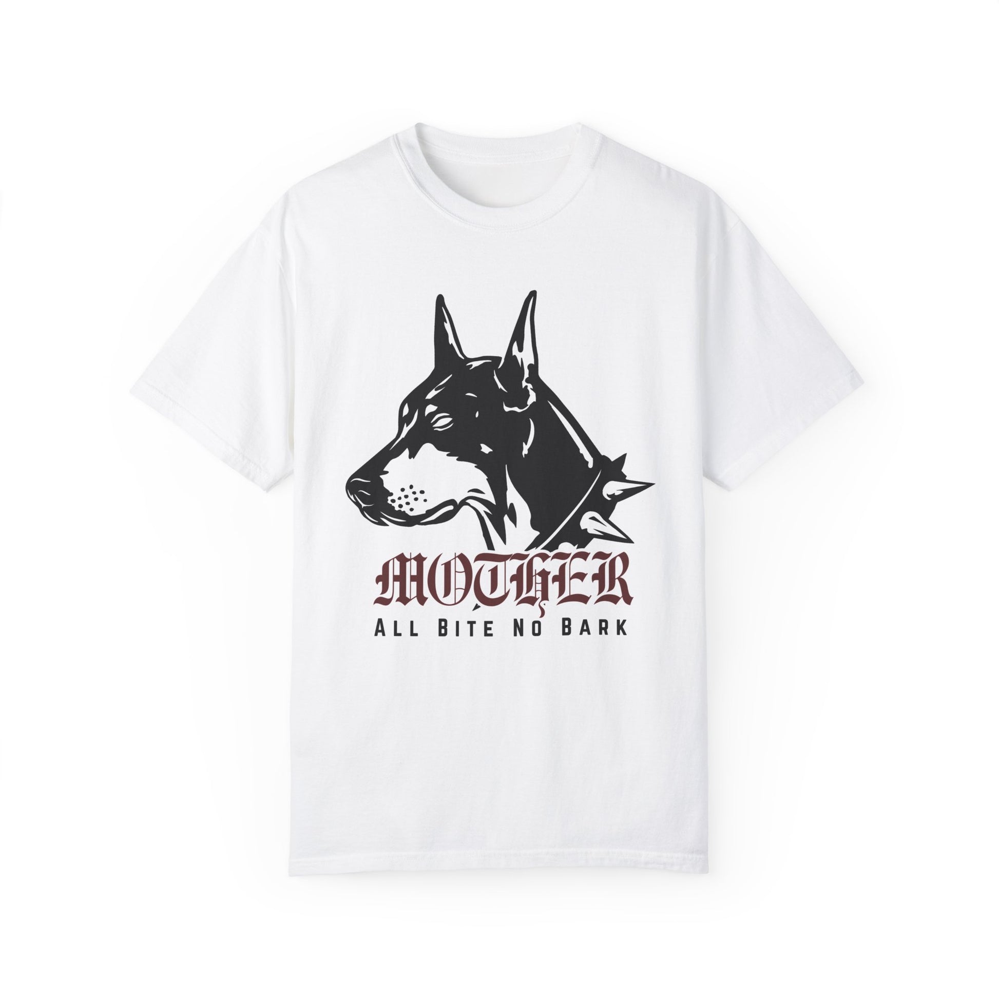 Oversized Doberman Graphic Tee with bold gothic lettering and tattoo style design. Edgy Dog Mom Shirt with punk rock vibe, perfect for streetwear lovers. Retro Mom Graphic Tee with All Bite No Bark statement for bold, confident moms.