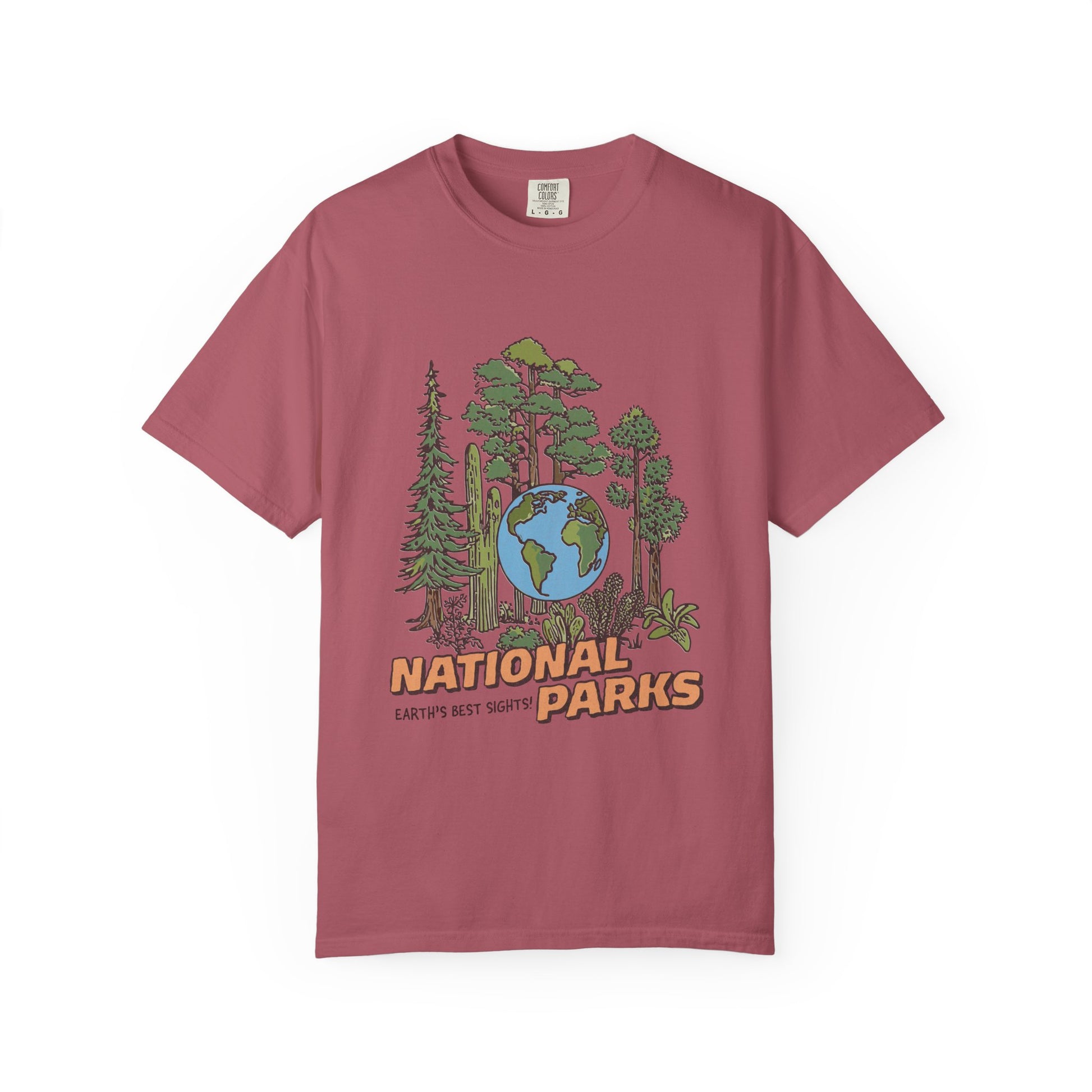 Maroon t-shirt with 'National Parks' graphic on a white background