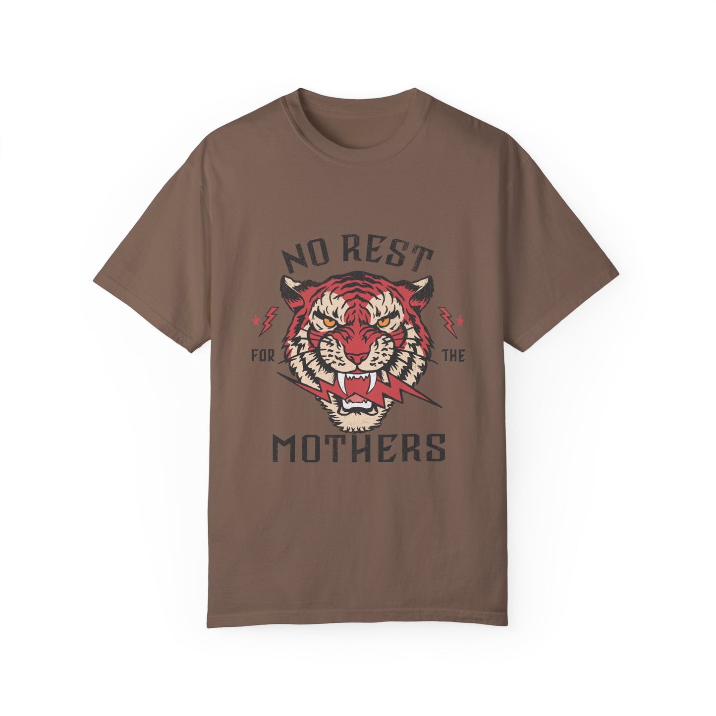 Bold tiger graphic on a No Rest for Mothers Tee, designed for empowered moms. This Tiger Mom Graphic Tee and Vintage Mom Graphic Tee combines retro flair with edgy style. Perfect for casual wear, gifting, or embracing mom life with confidence.