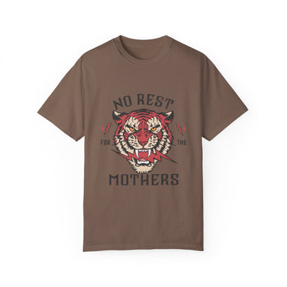 Bold tiger graphic on a No Rest for Mothers Tee, designed for empowered moms. This Tiger Mom Graphic Tee and Vintage Mom Graphic Tee combines retro flair with edgy style. Perfect for casual wear, gifting, or embracing mom life with confidence.