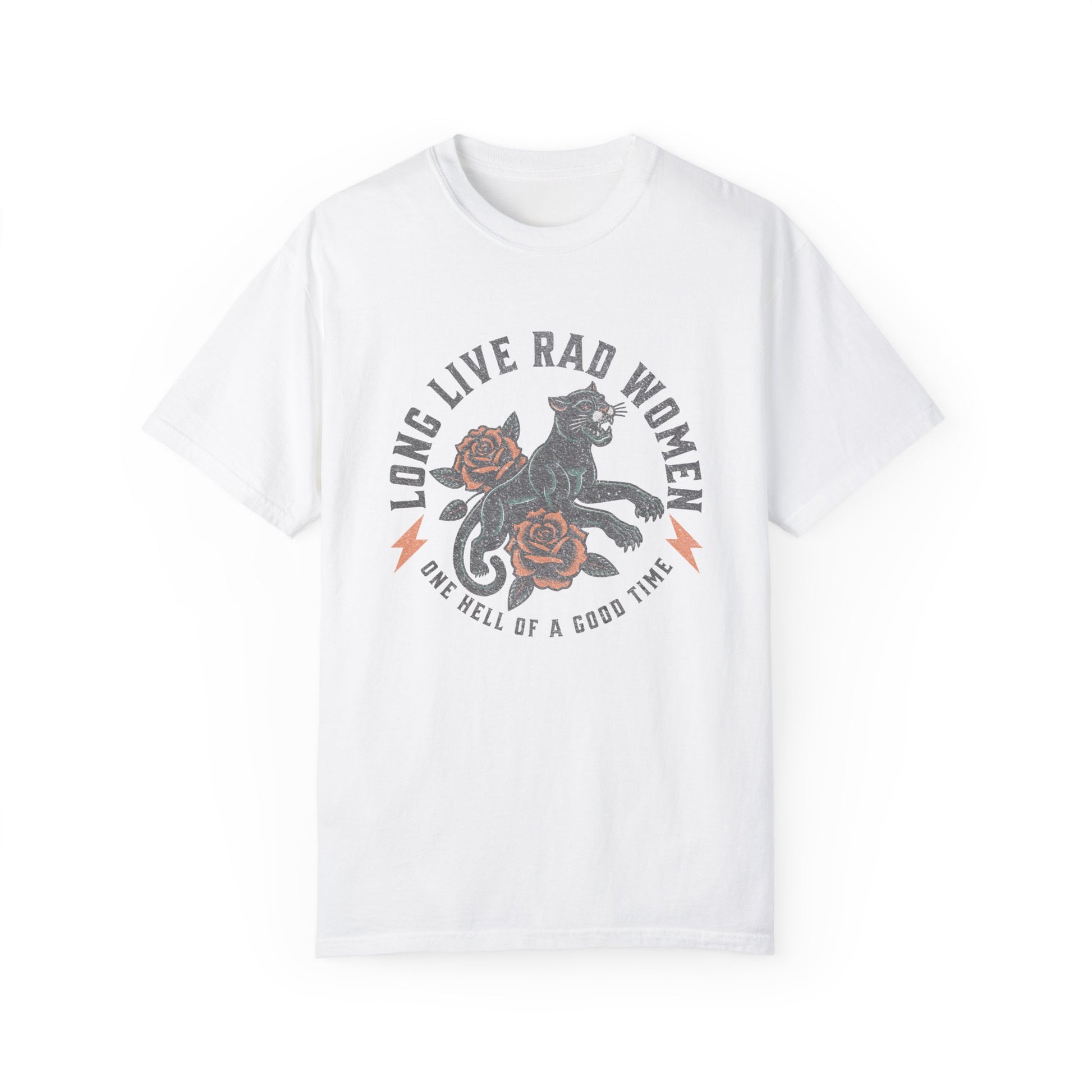 Rad women graphic tee with vintage panther and floral tattoo design. Feminist retro tee made for bold women and cool girls. Edgy graphic tee with panther crew style for rebel hearts. Powerful women tee perfect for everyday casual looks.