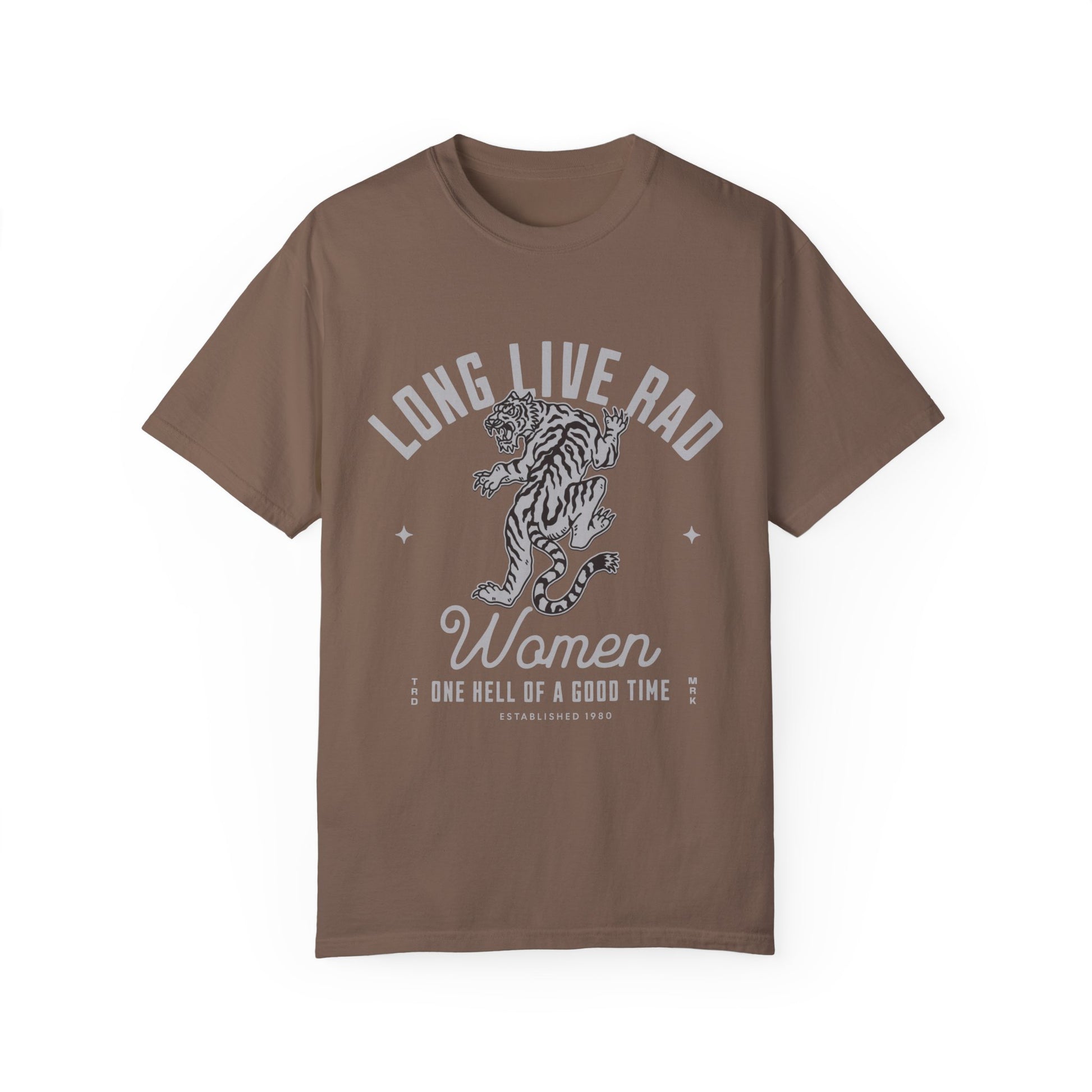 Rad Women Tee with vintage tiger graphic. 90s band graphic tee style with distressed rock tee aesthetic. Edgy women’s tee for a bold look. Western rock tee meets grunge style tee. Badass women tee with rebel graphic tee energy, perfect for everyday wear.