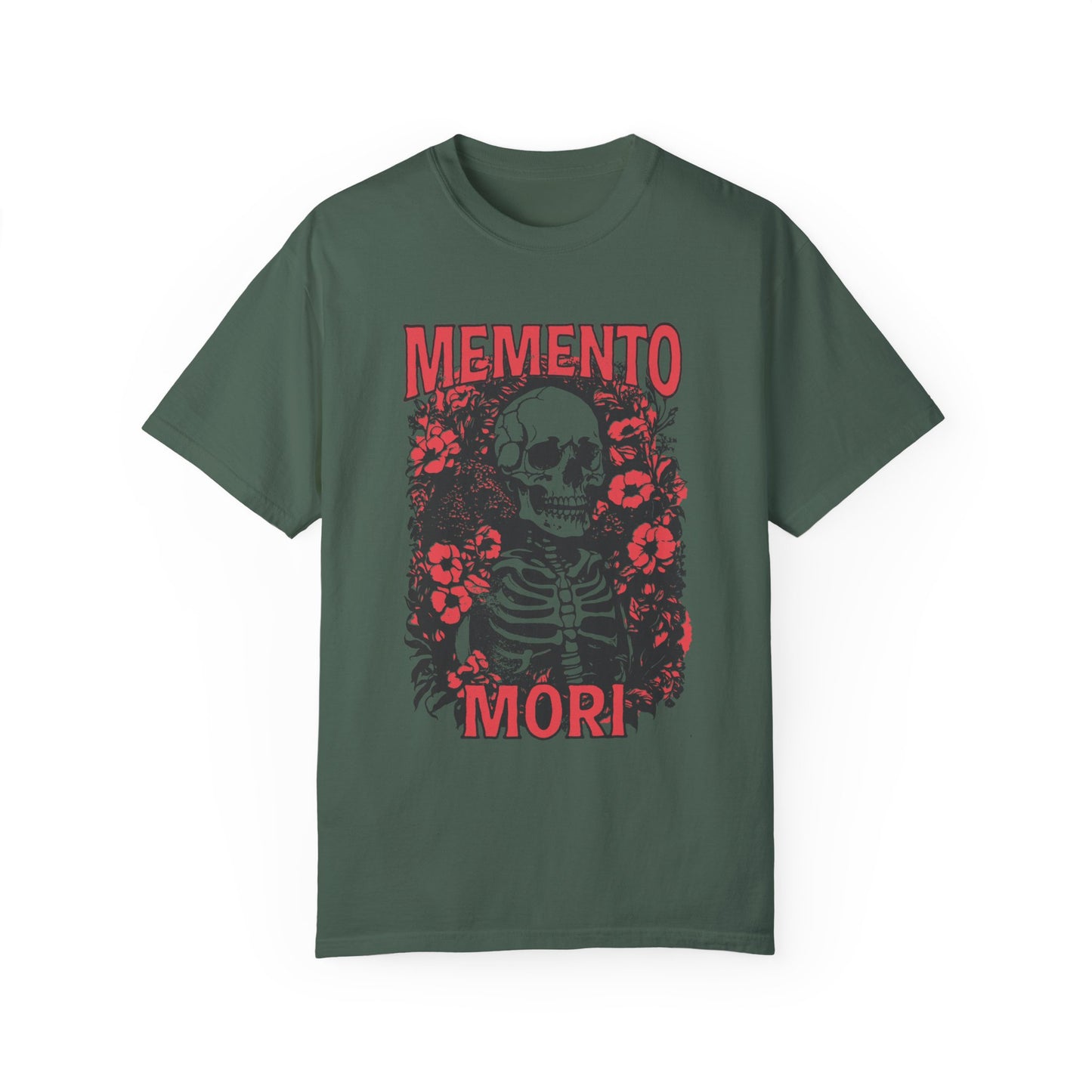 Graphic tee featuring a detailed skull design surrounded by floral elements, perfect for fans of vintage skeleton tees, gothic skull shirts, and retro goth style. A trendy death-themed shirt combining dark floral and skeleton art for casual or streetwear looks.