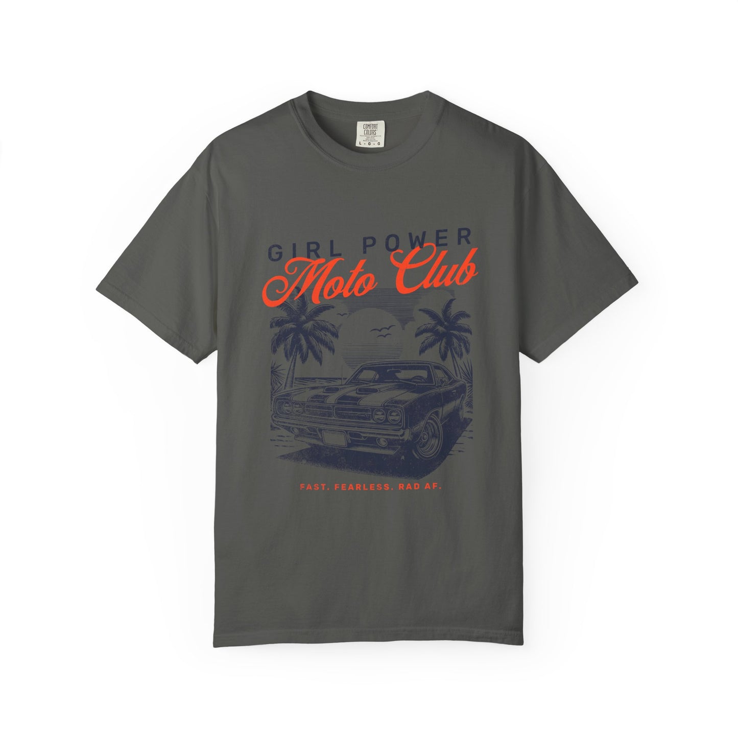 Gray t-shirt with 'Girl Power Moto Club' graphic design on a white background
