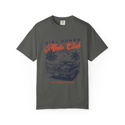 Gray t-shirt with 'Girl Power Moto Club' graphic design on a white background