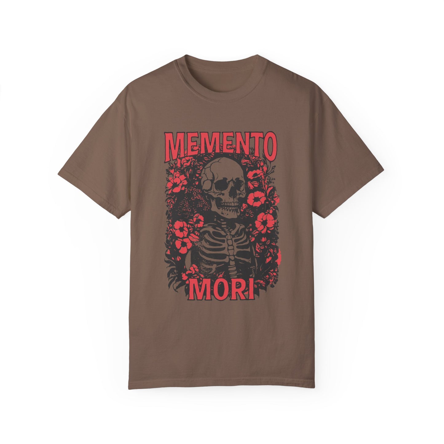 Graphic tee featuring a detailed skull design surrounded by floral elements, perfect for fans of vintage skeleton tees, gothic skull shirts, and retro goth style. A trendy death-themed shirt combining dark floral and skeleton art for casual or streetwear looks.